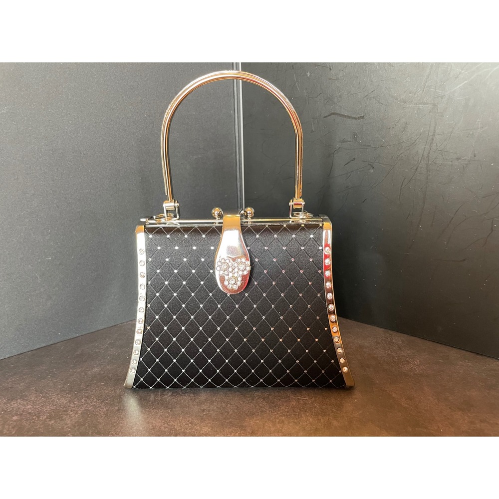 Quilted Satin Evening Bag Womens Small Black Silver Rhineston Box